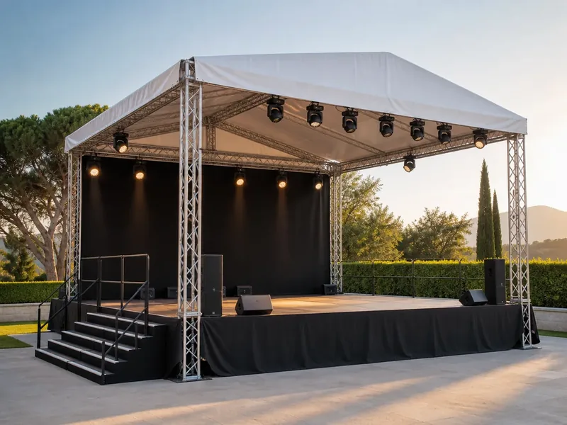 Palco coberto preparado para uma apresentação ao ar livre