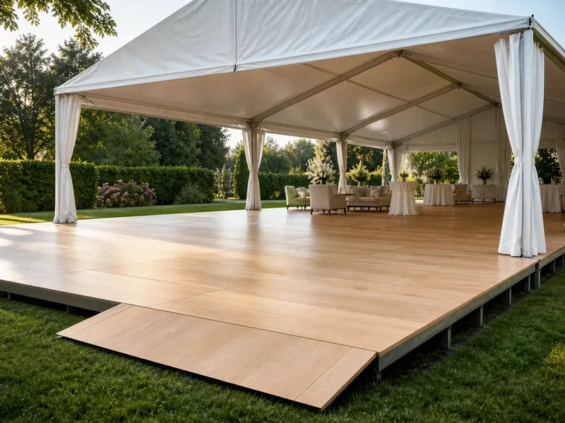Piso modular elevado e nivelado sob uma tenda branca